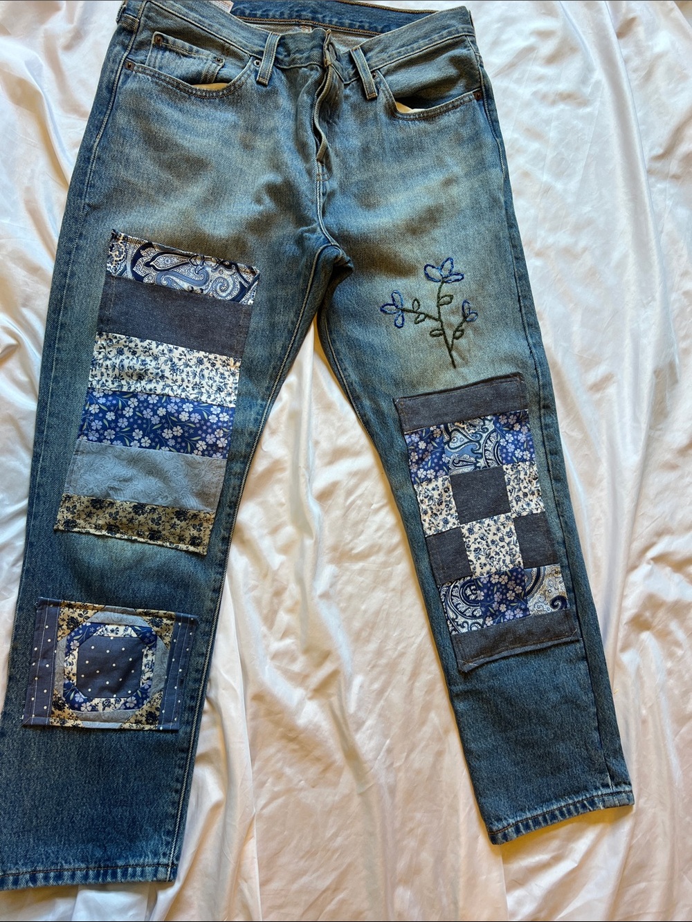Levi’s Embroidered Patchwork Blue Upcycled Denim Jeans